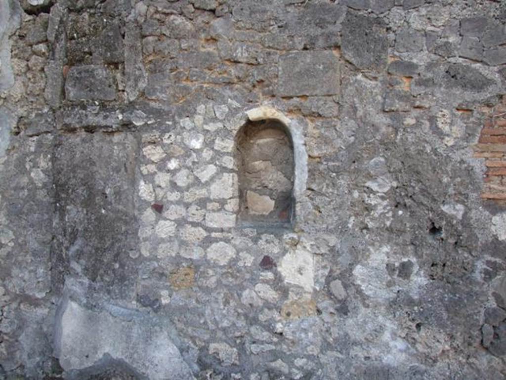 VII.15.13 Pompeii. December 2007.  Arched Niche in Atrium. According to Boyce, the walls inside the niche were painted with birds perching upon leafy boughs. They were painted in red and blue on the white background.
See Boyce G. K., 1937. Corpus of the Lararia of Pompeii. Rome: MAAR 14.  (p.72, No. 334).
