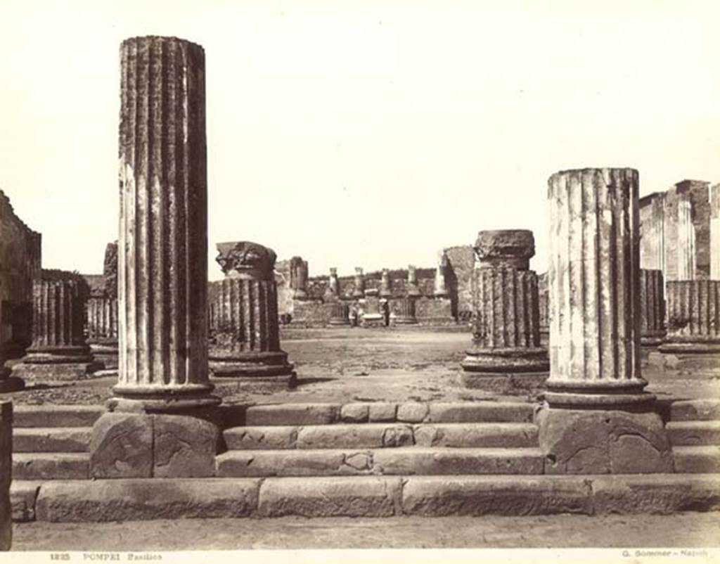 VIII.1.1 Pompeii. C.1880-1890. G. Sommer no. 1225. Photo courtesy of Rick Bauer.
Looking west from the Forum, across entrance steps into Basilica.  This shows the Basilica before reconstruction. 
