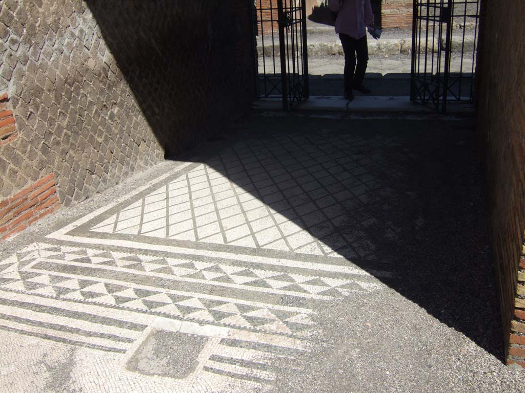 VIII.2.16 Pompeii. September 2005. Mosaic in entrance fauces. Looking out from atrium, east towards Via delle Scuole.