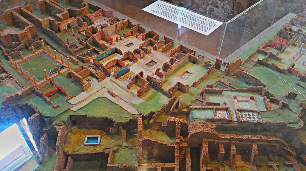 VIII.2.20, centre right, Pompeii. 2018. 
Model of area, with VIII.2.14 and 16 in centre, VIII.2.18, 20 and 21, Sarno Baths, lower right. Photo courtesy of Giuseppe Ciaramella.

