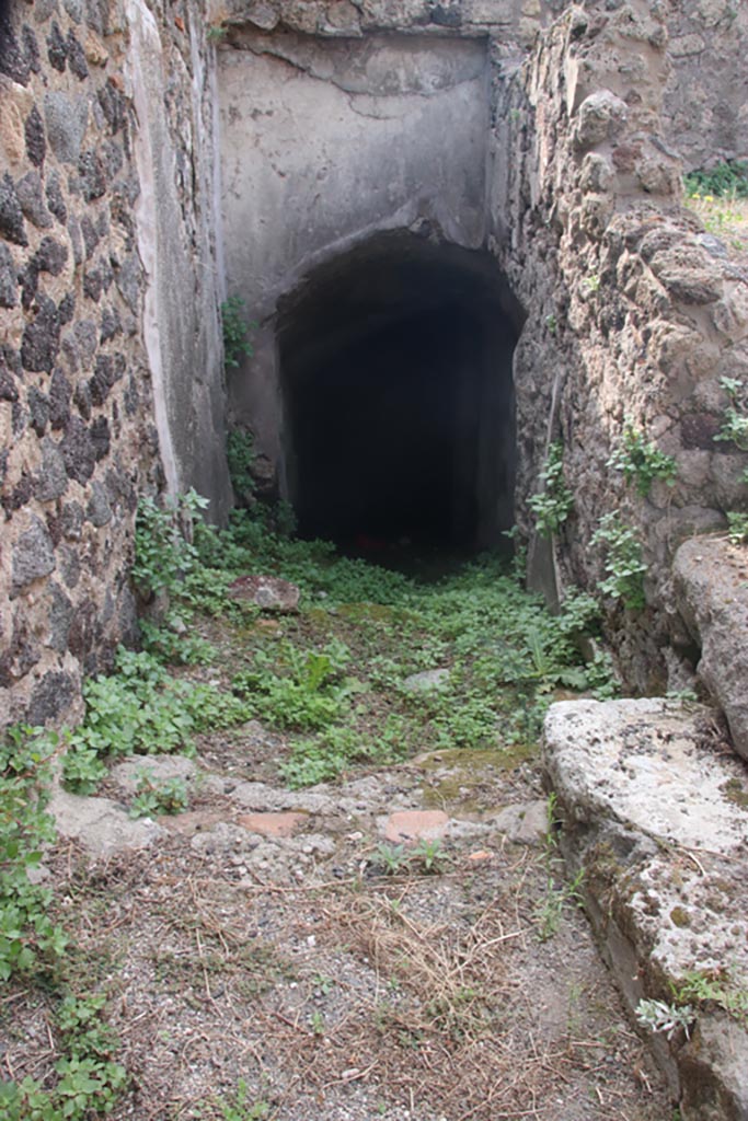 VIII.2.27 Pompeii. October 2023. 
Looking south to passageway to lower floor from entrance doorway. Photo courtesy of Klaus Heese.

