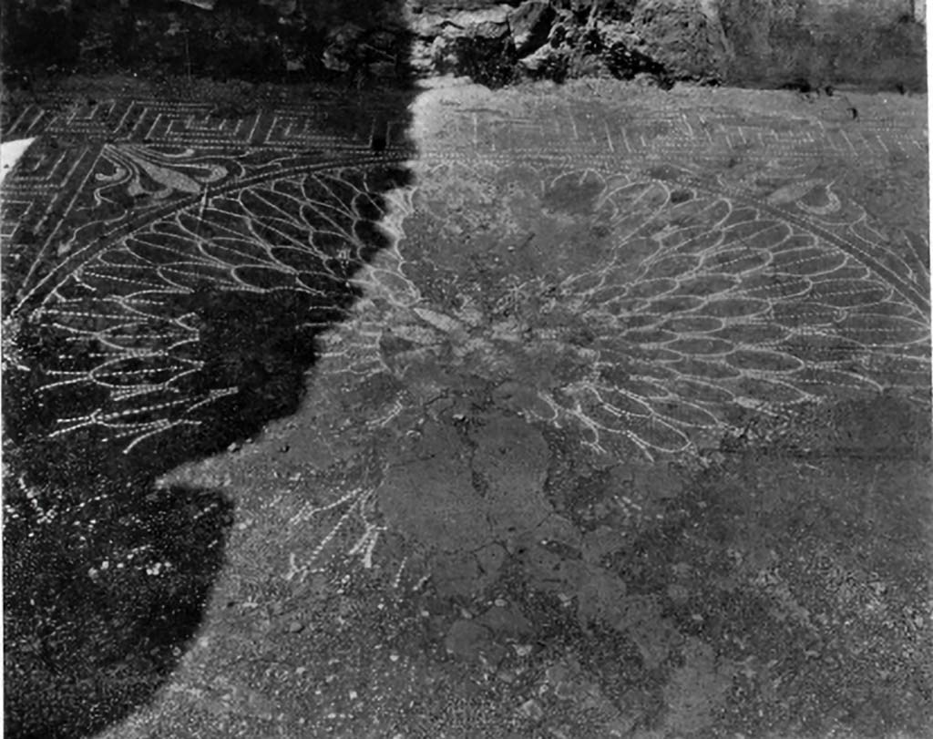 VIII.2.39 Pompeii. c.1930. Flooring from right ala (h), as elaborated as any design ever attempted in this class of floor.
According to Blake –
To the meander threshold, the dotted field and the meander frame, has been added a central square, containing an elaborate rosette enclosed in a circle, with graceful floral motives between the circle and the square.
See Blake, M., (1930). The pavements of the Roman Buildings of the Republic and Early Empire. Rome, MAAR, 8, (p.26 & Pl.3, tav 3).
