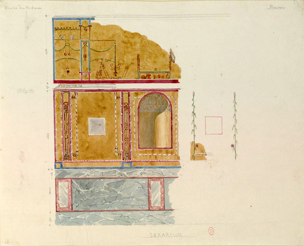 VIII.3.14 Pompeii. Undated watercolour painting showing south wall of cubiculum, on left, with sketch from west wall, on right.
The INHA web site records: "Maison du triclinium Pompeii" "Lararium" : Casa della Regina Carolina (VIII, 3, 14) (reproduction de peinture)
See Chenavard, Antoine-Marie (1787-1883) et al. Voyage d'Italie, croquis Tome 3, pl. 120.
INHA Identifiant numérique : NUM MS 703 (3). See Book on INHA 
Document placé sous « Licence Ouverte / Open Licence » Etalab   
