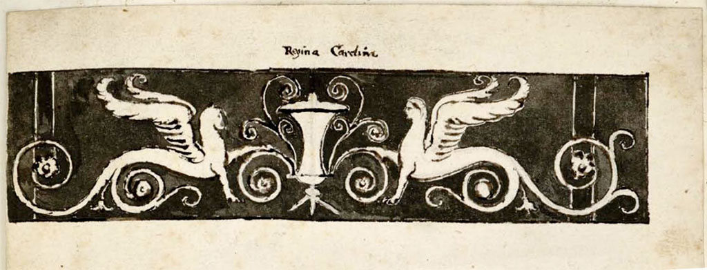 VIII.3.14 Pompeii. Between 1819 and 1832, drawing by W. Gell of painted decoration. 
See Gell, W. Pompeii unpublished [Dessins de l'édition de 1832 donnant le résultat des fouilles post 1819 (?)] vol II, pl. 35.
Bibliothèque de l'Institut National d'Histoire de l'Art, collections Jacques Doucet, Identifiant numérique Num MS180 (2).
See book in INHA Use Etalab Licence Ouverte
