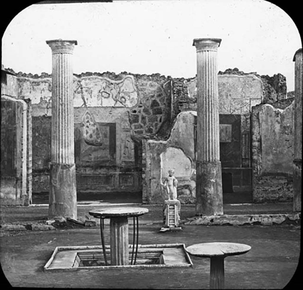 VIII.4.4 Pompeii. Looking south across garden area to rooms overlooking the south portico, with doorway to room 12 on right. This photo shows the decoration on the south wall in the room.  On the left is the entrance to room 11, the exedra.
Photo by permission of the Institute of Archaeology, University of Oxford. File name instarchbx202im 013 Resource ID. 44495 
