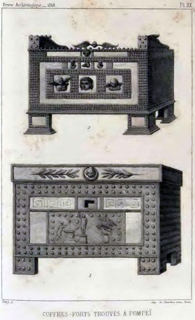 VIII.4.12 Pompeii, according to Niccolini (see above), but VII.2.18 Pompeii, according to Naples Museum and de Longpérier. 
Drawing of two cash-chests found at Pompeii, and now in Naples Archaeological Museum.
According to de Longpérier –
“The top cash-chest was from VII.2.18, and found in the atrium on 22nd May 1867”
The lower cash-chest was found 29th May 1864 in the atrium of VII.7.5.”
See H. de Longpérier, Recherches sur les insignes de la questure et sur les récipients monétaires, RA n.s.18. Paris 1868, 58–72, p. 171, Pl. XX.
See https://archive.org/details/in.gov.ignca.25639/page/n5/mode/2up 
