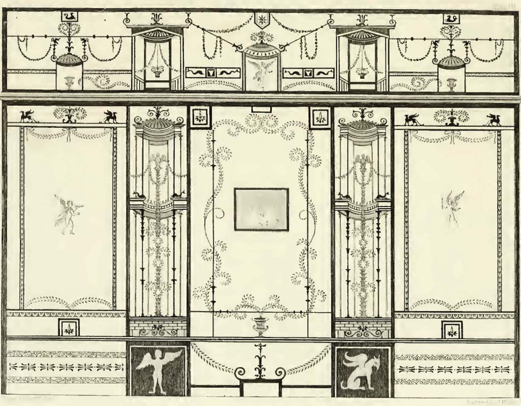 VIII.5.28 Pompeii. Room 7, described by Gell, as the side of a cubiculum in the House of Fuscus, painted with a beautiful light tracery on a white background.
See Gell, W, 1832. Pompeiana: Vol 1. London: Jennings and Chaplin, (p.3 and Plate III)
