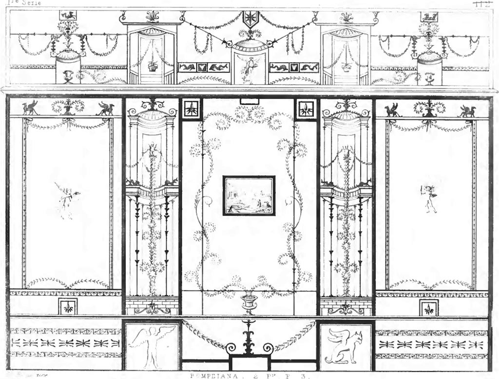 VIII.5.28 Pompeii. Room 7, painted wall in cubiculum.
According to Roux –
Planche 108.
….. la peinture, a la place de laquelle nous avons mis un petit paysage, a été enlevée et placée au musée : on dit que le sujet en était peu décent ; elle doit donc se trouver dans le Musée secret. Visconti la désigne comme représentant Sophonisbe et Massinissa.
(….. the painting, in the place of which we have put a small landscape, has been removed and placed in the museum: it is said that the subject was not very decent; it must therefore be in the Secret Museum. Visconti refers to it as representing Sophonisba and Massinissa.)
See Roux, H. (1840). Herculaneum et Pompei recueil général des peintures, bronzes, mosaïques, v.1, Peintures, série 1: Decorations Architecturales (p.133-134) (Planche 108, but written as No.112 and crossed through).
(Note: In VIII.2.39, (aka Casa di Giuseppe II or Casa di Fusco or House of Emperor Joseph II), a painting is shown there of Sophonisba, found 22nd July 1769, and now in Naples Archaeological Museum, inv. no. 8968.)
