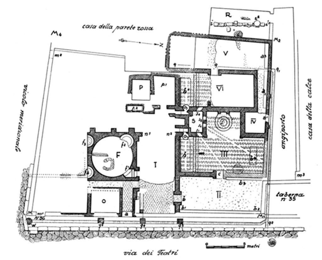 VIII.5.36 Pompeii. 1950 Maiuri plan of Terme repubblicane or Republican Baths.
Maiuri describes this as “free of later construction”.
See Notizie degli Scavi di Antichità, 1950, p. 117, fig. 1.
