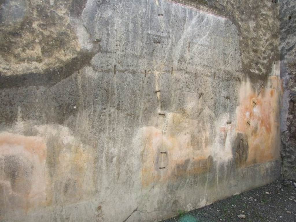 VIII.5.39 Pompeii. March 2009. Room 5, south wall of triclinium.
According to PPM 
The most important painted element was to be the medallions with female portraits seen in the triclinium.
On the south wall, the decoration would have been IV Style, today completely faded.
The plinth and zoccolo were painted black, the middle zone was painted yellow, with the upper portion white.  
The cornice was polychrome stucco.
The zoccolo still has traces of plants (and birds), and a medallion at the centre of the panel on the right (west end)
See Carratelli, G. P., 1990-2003. Pompei: Pitture e Mosaici: Vol. VIII. Roma: Istituto della enciclopedia italiana, p. 656-9.