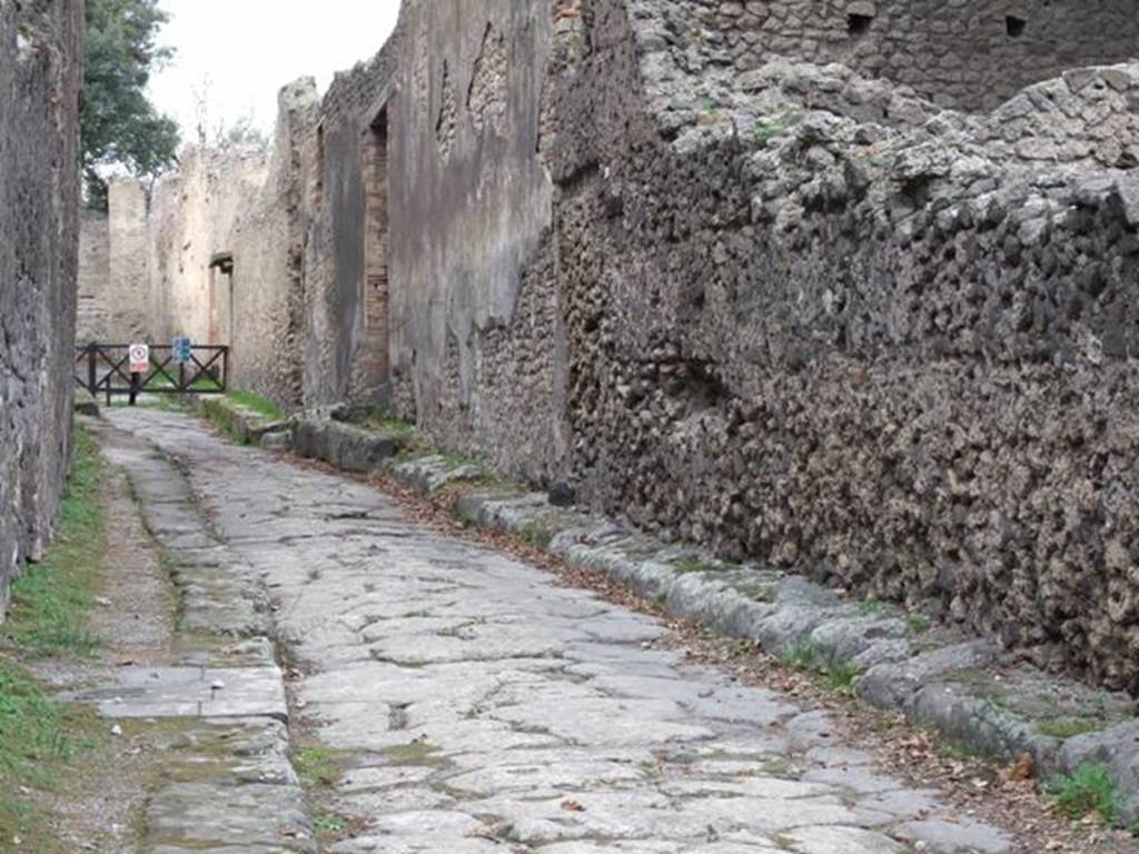 VIII.6.6 Pompeii. December 2007.  Vicolo delle Pareti Rosse looking west .