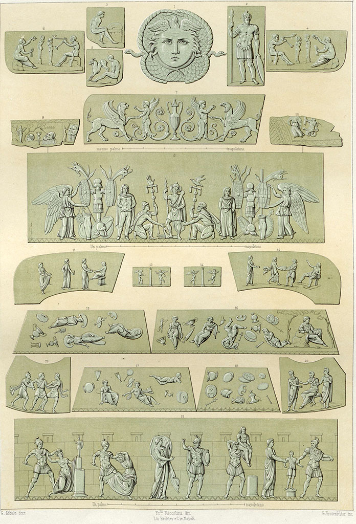 VIII.7.16 Pompeii. Drawings by G. Abbate, of detail from helmets as seen in Tav. II above.
See Niccolini F, 1854. Le case ed i monumenti di Pompei: Volume Primo. Napoli, (Caserma dei Gladiatori, Tav III).
