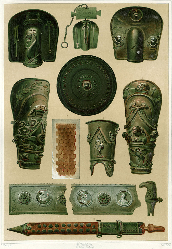 VIII.7.16 Pompeii. Drawings by P. Mattej of leggings, shields and weapons.
See Niccolini F, 1854. Le case ed i monumenti di Pompei: Volume Primo. Napoli, (Caserma dei Gladiatori, Tav IV).
