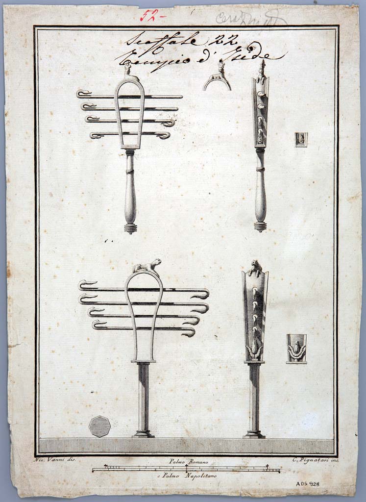 VIII.7.28 Pompeii. Drawing by Nicola Vanni of two sistrum from temple.
Now in Naples Archaeological Museum. Inventory number ADS 928.
Photo  ICCD. http://www.catalogo.beniculturali.it
Utilizzabili alle condizioni della licenza Attribuzione - Non commerciale - Condividi allo stesso modo 2.5 Italia (CC BY-NC-SA 2.5 IT)
