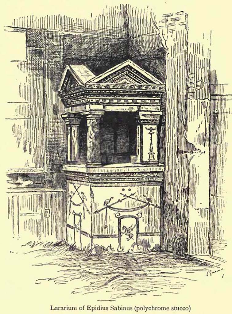 IX.1.22 Pompeii. Undated drawing by Pierre Gusman. Room 1, looking towards south-east corner in atrium. 
See Gusman, P. (1900). Pompei, the city its life and art. (p.114).
