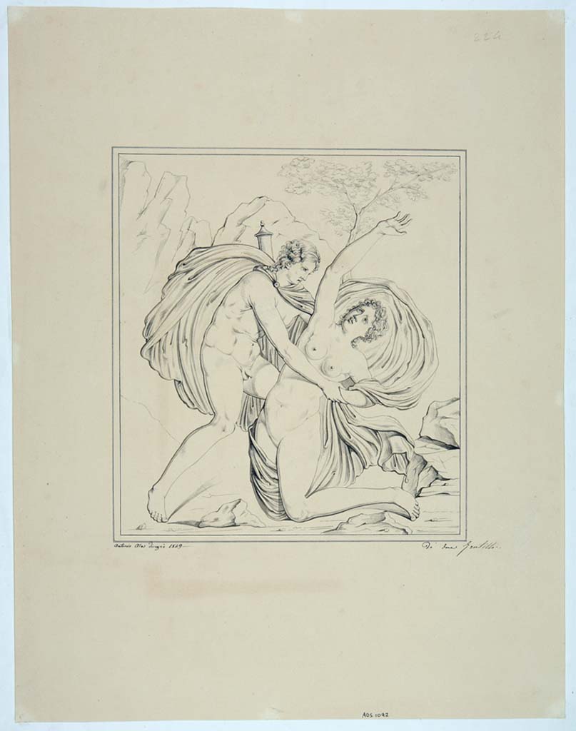 IX.3.5 Pompeii. Drawing by Antonio Ala, 1849, of Apollo and Daphne from the south wall of the triclinium.
See Helbig, W., 1868. Wandgemlde der vom Vesuv verschtteten Stdte Campaniens. Leipzig: Breitkopf und Hrtel, (207).
Now in Naples Archaeological Museum. Inventory number ADS 1092.
Photo  ICCD. http://www.catalogo.beniculturali.it
Utilizzabili alle condizioni della licenza Attribuzione - Non commerciale - Condividi allo stesso modo 2.5 Italia (CC BY-NC-SA 2.5 IT)
