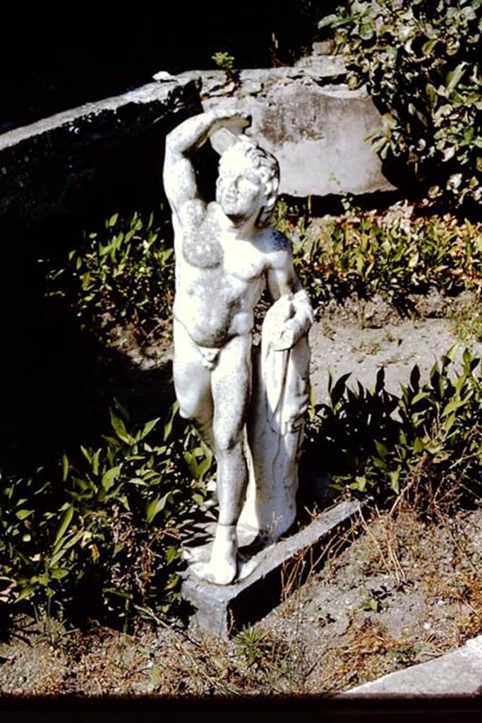 IX.3.5 Pompeii. 1966. Room 26, statuette of a young Satyr lifting his right arm above his head.  Photo by Stanley A. Jashemski.
Source: The Wilhelmina and Stanley A. Jashemski archive in the University of Maryland Library, Special Collections (See collection page) and made available under the Creative Commons Attribution-Non Commercial License v.4. See Licence and use details.
J66f0285
