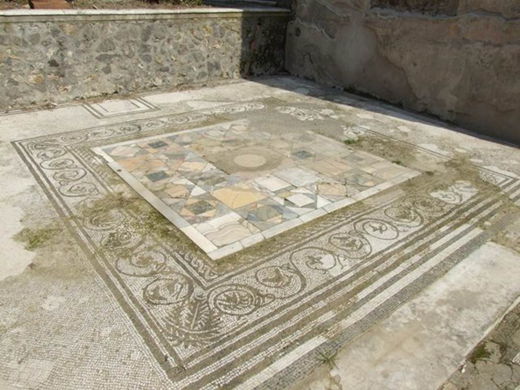 IX.3.5 Pompeii. March 2009. Room 12, mosaic floor in tablinum. The tablinum floor was slightly raised above the atrium floor behind a small threshold of white marble.
The centre of the floor contained a large emblem in opus sectile of polychrome marble with a border of white marble, and edged with a “carpet” design in mosaic.
