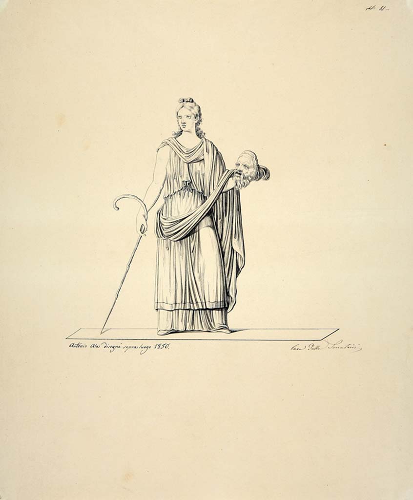 IX.3.5 Pompeii. Room 16, cubiculum. Drawing by Antonio Ala, 1850, of painted figure of Thalia seen on one of the upper walls.
Today, the figure has disappeared. 
Now in Naples Archaeological Museum. Inventory number ADS 1050.
Photo © ICCD. http://www.catalogo.beniculturali.it
Utilizzabili alle condizioni della licenza Attribuzione - Non commerciale - Condividi allo stesso modo 2.5 Italia (CC BY-NC-SA 2.5 IT)
See Helbig, W., 1868. Wandgemälde der vom Vesuv verschütteten Städte Campaniens. Leipzig: Breitkopf und Härtel, (880).
