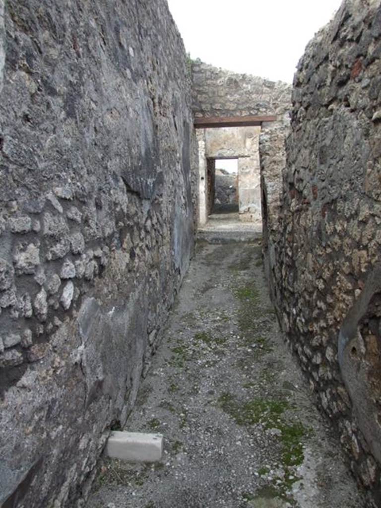 IX.3.15 Pompeii. March 2009. Room 1, entrance corridor, looking north. According to Fiorelli, This house was preceded by a long open corridor, at the end of which was the latrine sheltered by a roof.  The entrance door to the atrium was here, it had an impluvium and puteal, on the west side of which was a cubiculum and a room, used perhaps as a tablinum. 
Nearby was the corridor, having to the left another spacious cubiculum, from where, mounting two steps, one went into an oecus. Both the oecus and the corridor exited onto the portico, which surrounded the garden area.  This portico supported by ten columns, with a masonry pluteus joining them, was later closed on the north side, to give place to a windowed triclinium, preceded by a storeroom, and by the hearth which was against the latrine.  On the south side there were an exedra, a cubiculum, and a spacious room, these resulted from the breaking down of walls that existed here before. 
See Fiorelli, G., (1875). Descrizione di Pompei, (p.396).
See Pappalardo, U., 2001. La Descrizione di Pompei per Giuseppe Fiorelli (1875). Napoli: Massa Editore. (p.146)
.