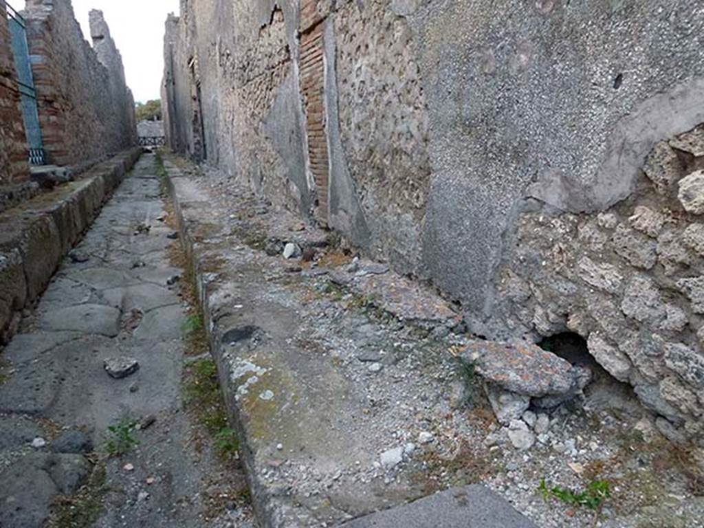 IX.4.15 Pompeii. September 2011. Terme Centrali or Central Baths. The service entrance from Vicolo di Tesmo is set on a high kerb on the left. Photo courtesy of Michael Binns.