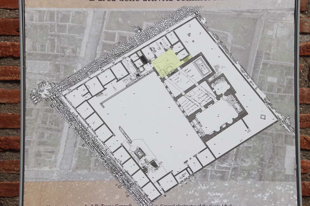 IX.4.18 Pompeii. October 2020. Plan of the Baths on information notice-board. The entrance from the Via Nola is at the top. Photo courtesy of Klaus Heese.