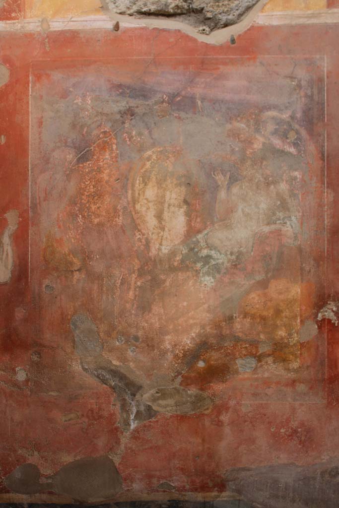 IX.5.2 Pompeii. May 2019. 
Room ‘u’, central wall painting on east wall showing Hephaestus bringing the armour of Achilles to Thetis?
Foto Christian Beck, ERC Grant 681269 DÉCOR.
