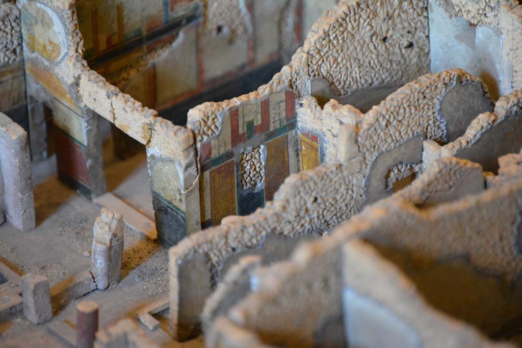 IX.5.18 Pompeii. July 2017. West side of atrium. Looking towards south wall of triclinium f, and into room g, in centre. 
From cork model in Naples Archaeological Museum.
Foto Annette Haug, ERC Grant 681269 DÉCOR
