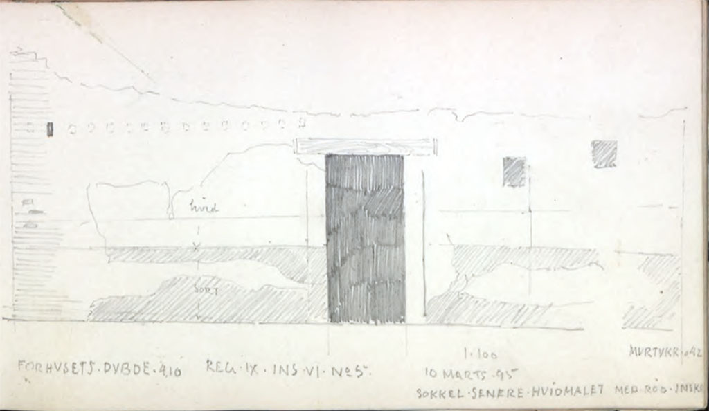 IX.6.5 Pompeii. 1895. Sketch of exterior wall, doorway and windows on Vicolo di Tesmo, by Thorvald Jorgensen (1867-1946).
See Thorvald Jørgensen, Skitsebog, Italien, 1895, p. 21.
Photo © Danmarks Kunstbibliotek, inventory number 53866. See book on Danmarks Kunstbibliotek
