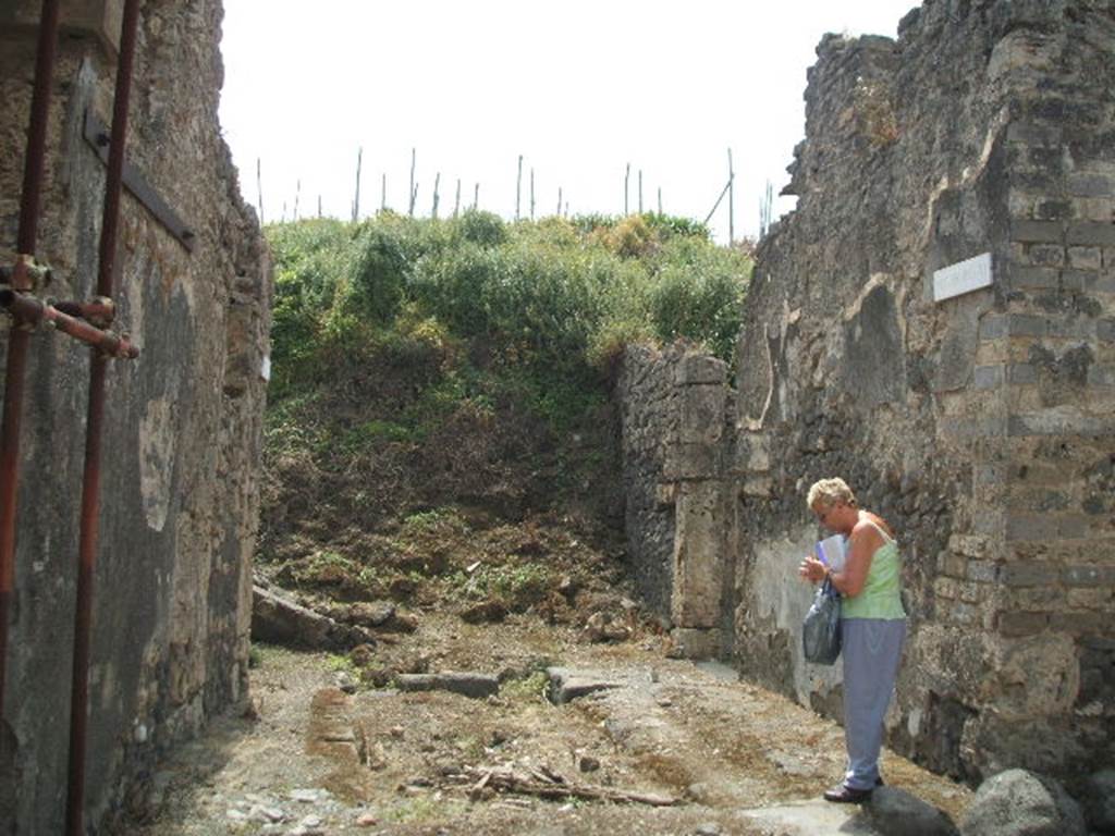 IX.8 Pompeii. May 2005. Small vicolo, looking south into unexcavated area. NE corner of IX.6.8  According to Della Corte, he thought an unknown Amandus lived here, due to the recommendation found here.
It  was found on the right (north side) of the entrance, on the north-east corner of the insula. It read –  Amandus  rog(at)  cum  reliquis     [CIL IV 3707]  See Della Corte, M., 1965.  Case ed Abitanti di Pompei. Napoli: Fausto Fiorentino. (p.163)
According to Epigraphik-Datenbank Clauss/Slaby (See www.manfredclauss.de), it read -
Verum  IIvir(um)  o(ro)  v(os)  f(aciatis)
d(ignum)  r(ei)  p(ublicae)  Amandus  rog(at)
c[u]m  rel[l]iquis      [CI IV 3707]
