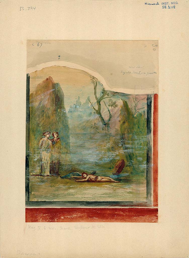 IX.6.d Pompeii. Triclinium. Watercolour copy of painting of the fallen Icarus.
DAIR 83.294. Photo © Deutsches Archäologisches Institut, Abteilung Rom, Arkiv. 
See Sogliano, A., 1879. Le pitture murali campane scoverte negli anni 1867-79. Napoli: (p.94, no.524).
