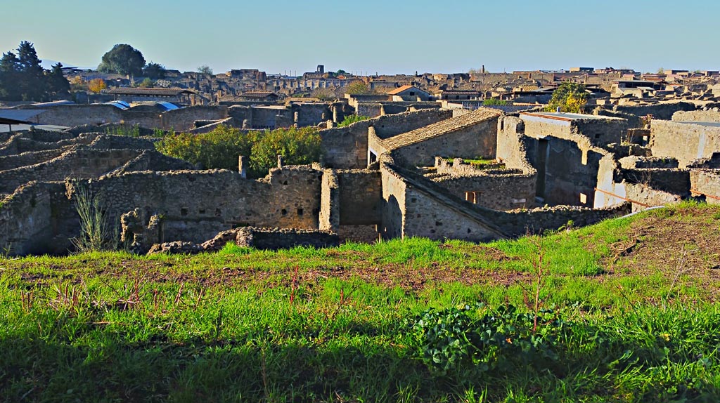 View looking west towards the Basilica in the distance, across doorway of IX.7.14, Vicolo di Tesmo, rear peristyle of IX.1.22 and insula IX.1.  
2017/2018/2019. Photo courtesy of Giuseppe Ciaramella.
