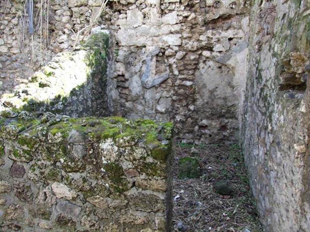 IX.9.g Pompeii. March 2009.   Looking south into doorway into cubiculum on south side of entrance atrium. On the left would be the east wall of the cubiculum, and straight ahead would be the south wall. The small hearth in the kitchen area would have been in the area behind the east wall, on the left. Boyces west wall would have been the other side of this east wall. According to Boyce, the hearth stood against the south wall of the atrium and on the west wall near it was the lararium painting.  Found in the cubiculum on the right of the entrance doorway was a small altar composed of a terracotta cylinder supporting a square plate of travertine.
See Boyce G. K., 1937. Corpus of the Lararia of Pompeii. Rome: MAAR 14. (p.94, no.469) 
According to Giacobello, on the south wall of kitchen (e) was a lararium painting (not conserved). Perhaps this does not apply to this house, as it is headed IX.9.7, (IX.9.g?)
See Giacobello, F., 2008. Larari Pompeiani: Iconografia e culto dei Lari in ambito domestico.  Milano: LED Edizioni. (p.216)
