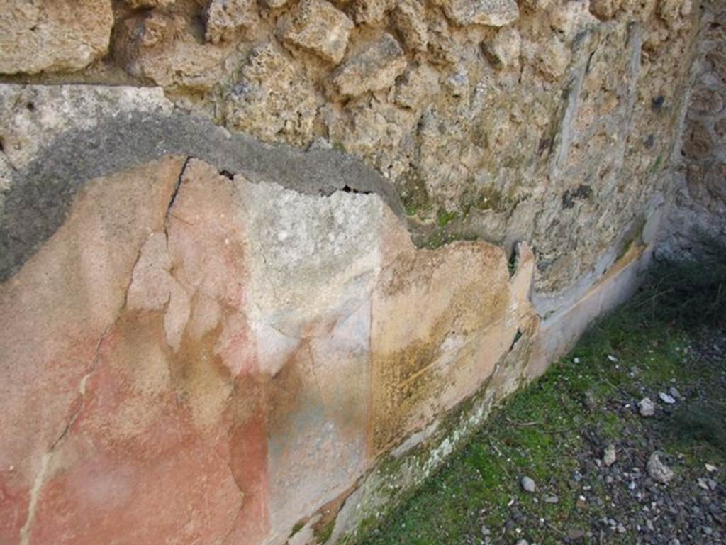 IX.9.g Pompeii. March 2009. West wall of triclinium, with remains of painted plaster.
According to NdS, the decoration in the triclinium consisted of red and yellow panels, a black zoccolo at the base, and a frieze with white background.
See Notizie degli Scavi, 1891, p.265
