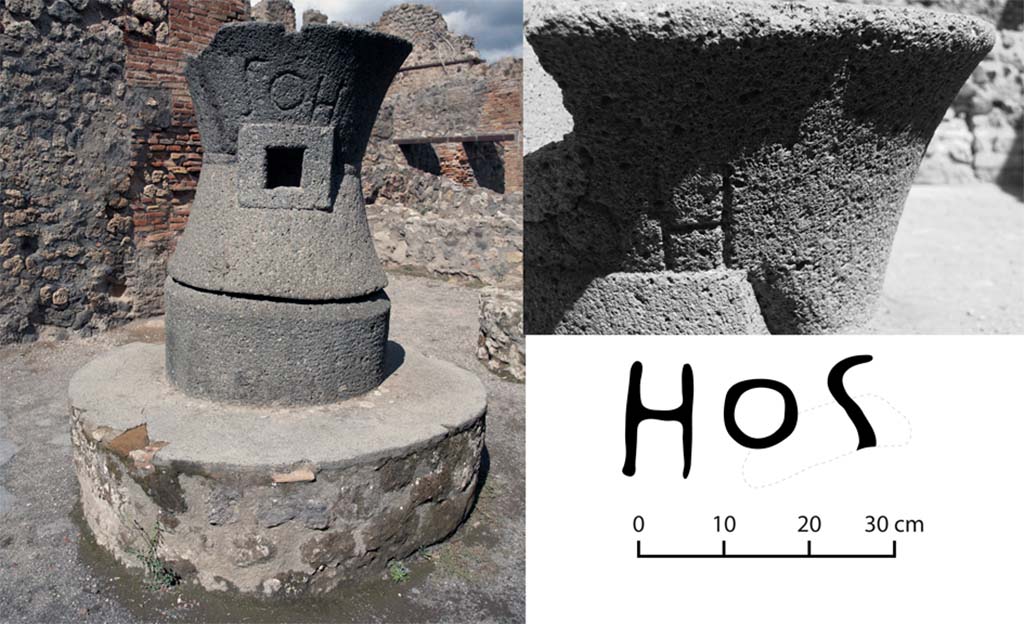 Fig. 19 - Pompéi Pistrina. Marque Hos(…) sur les catilli des boulangeries VII 2, 22 (à gauche) ;) et VI 14, 28-32 (à droite), en remploi ; CIL X, 8057, 7 b.
À gauche, CIL X, 8057, 7 a; à droite, en remploi, CIL X, 8057, 7 b.
Cliché : Fr. Pauvarel / ÉfR et cliché – dessin : N. Monteix / ÉfR
