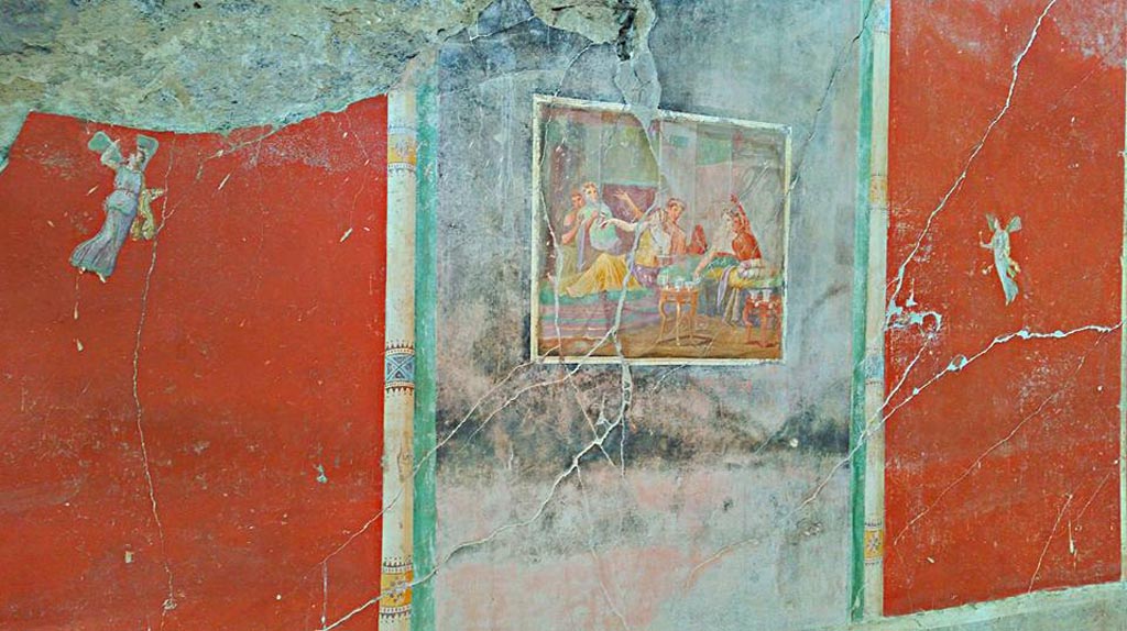 IX.12.6 Pompeii. 2016/2017. Room “m”, detail of paintings on west wall. Photo courtesy of Giuseppe Ciaramella.