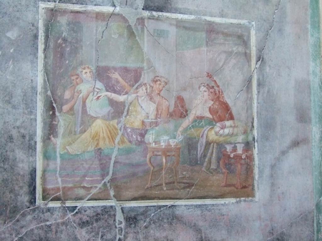 IX.12.6 Pompeii. March 2009. Room “m”, west wall of triclinium. Painting of banqueting scene.