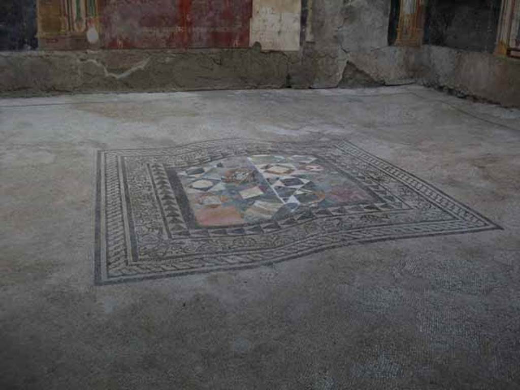 IX.12.9 Pompeii. May 2010. Room “u”, distorted emblema in centre of mosaic floor.

