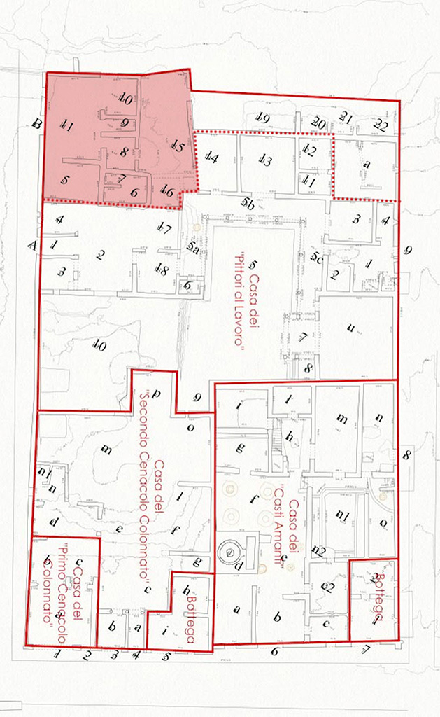 IX.12.9 Pompeii, included in the 2024 plan of IX.12 in PAP E-Journal 26, 24.10.2024, fig. 1.

Photo courtesy of Parco Archeologico di Pompei.

The area in red is temporarily known as IX.12.B Casa di Fedra or House of Phaedra (still under excavation) and is now no longer part of IX.12.9.

IX.12.A rooms 1 to 4, also still under excavation, are, for now, still included by us in IX.12.9.

The room numbers are those referred to on the pompeiiinpictures pages for IX.12.9. 

This plan is to help you accurately locate the rooms shown in the photographs of this house. 

Please be aware that the room numbers shown may differ from any other plans or records both published and unpublished. 