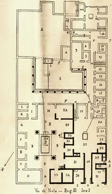 IX.14.4 Pompeii. House of M. Obellius Firmus or Casa di MM. Obellii Firmi, pater et filius
or Casa del Conte di Torino
Room Plan