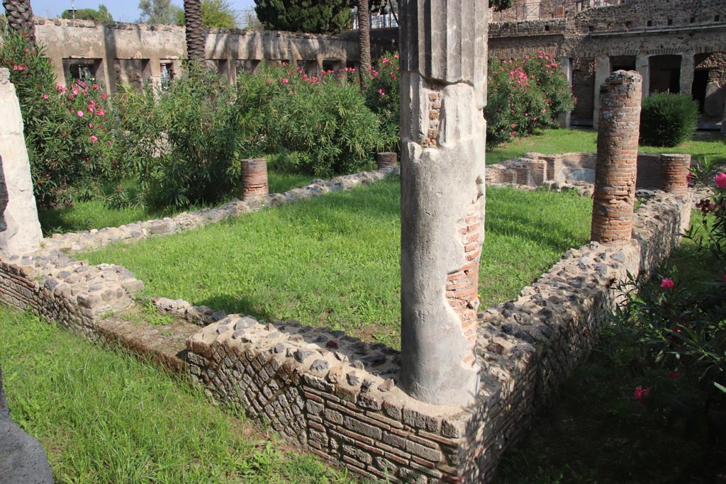 Villa of Diomedes, Pompeii. October 2023. 
Looking north-east across garden pergola, at the rear of the large apsed pool, seen from west portico. Photo courtesy of Klaus Heese.
Villa Diomedes Project – area 89, garden pergola). 
(Villa Diomedes Project – area 90, large apsed pool).
(Fontaine – garden pool and pergola, unnumbered).
