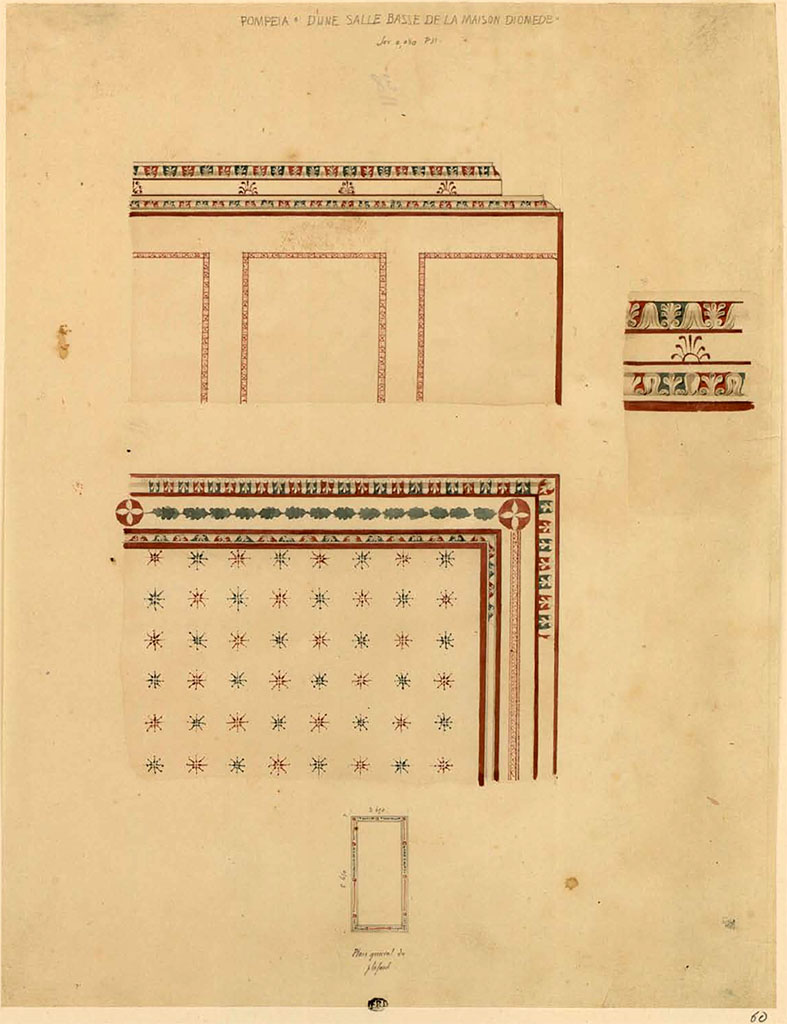 HGW24 Pompeii. Between 1823 and 1828, sketch by F. Duban of the ceiling decoration at the east end of north portico 5d. 
See Duban F. Album de dessins d'architecture effectués par Félix Duban pendant son pensionnat à la Villa Medicis, entre 1823 et 1828: Tome 2, Pompéi, pl. 60.
INHA Identifiant numérique NUM PC 40425 (2)  « Licence Ouverte / Open Licence » Etalab
(Fontaine, north portico, 5d).
