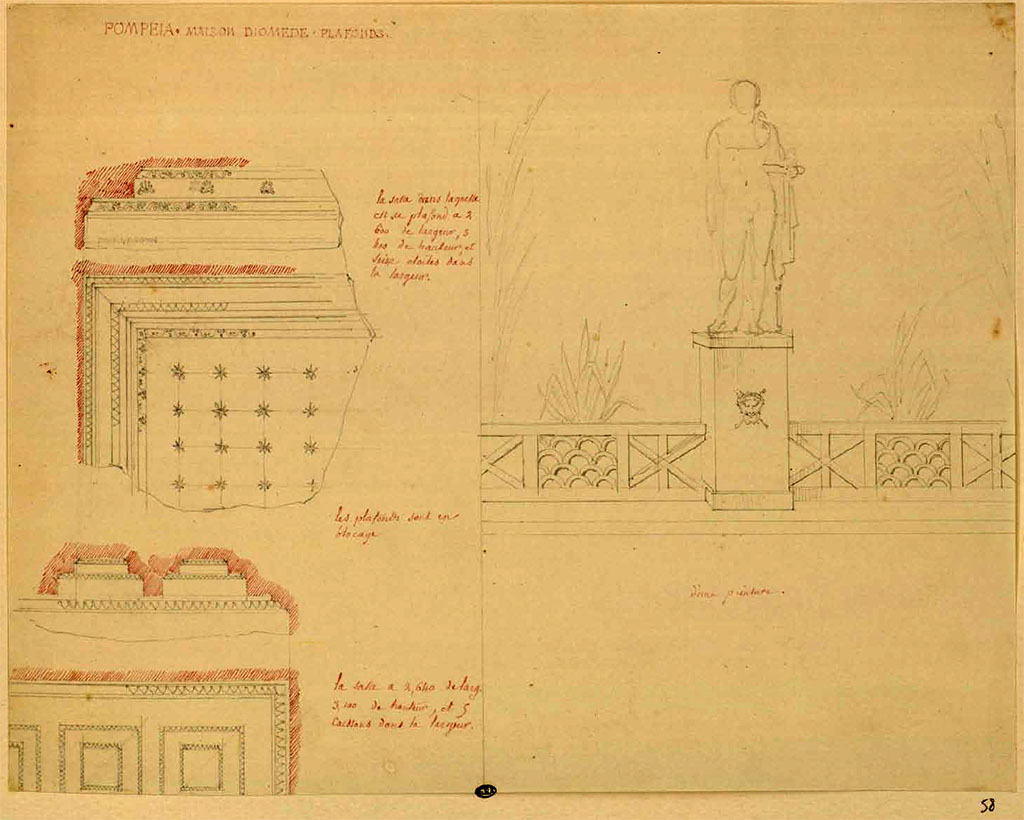 HGW24 Pompeii. Between 1823 and 1828, sketch by F. Duban.
At the top, left, is the ceiling decoration at the east end of north portico 5d. 
And below, left, are details of the moulded coffer ceiling from south portico 5b.
The sketch on the right is from an unknown location in Villa of Diomedes.
See Duban F. Album de dessins d'architecture effectués par Félix Duban pendant son pensionnat à la Villa Medicis, entre 1823 et 1828 : Tome 2, Pompéi, pl. 58.
INHA Identifiant numérique NUM PC 40425 (2)  « Licence Ouverte / Open Licence » Etalab
(Fontaine, north portico, 5d, and south portico, 5b).

The wording in the centre of the sketch above is difficult to read but seems to say –
« POMPEIA MAISON DIOMEDE PLAFOND.
(At the top) -La salle dans laquelle est ce plafond a 2 bas de largeur, 3 bas de hauteur et seize étoiles dans la largeur.
(In the centre) -Les plafonds sont en blocage.
(Lower sketch)- La salle a 2,640 de larg., 5,200 de hauteur, et 5 caissons dans la largeur. »
(Fontaine, north portico, 5d, and south portico, 5b).
