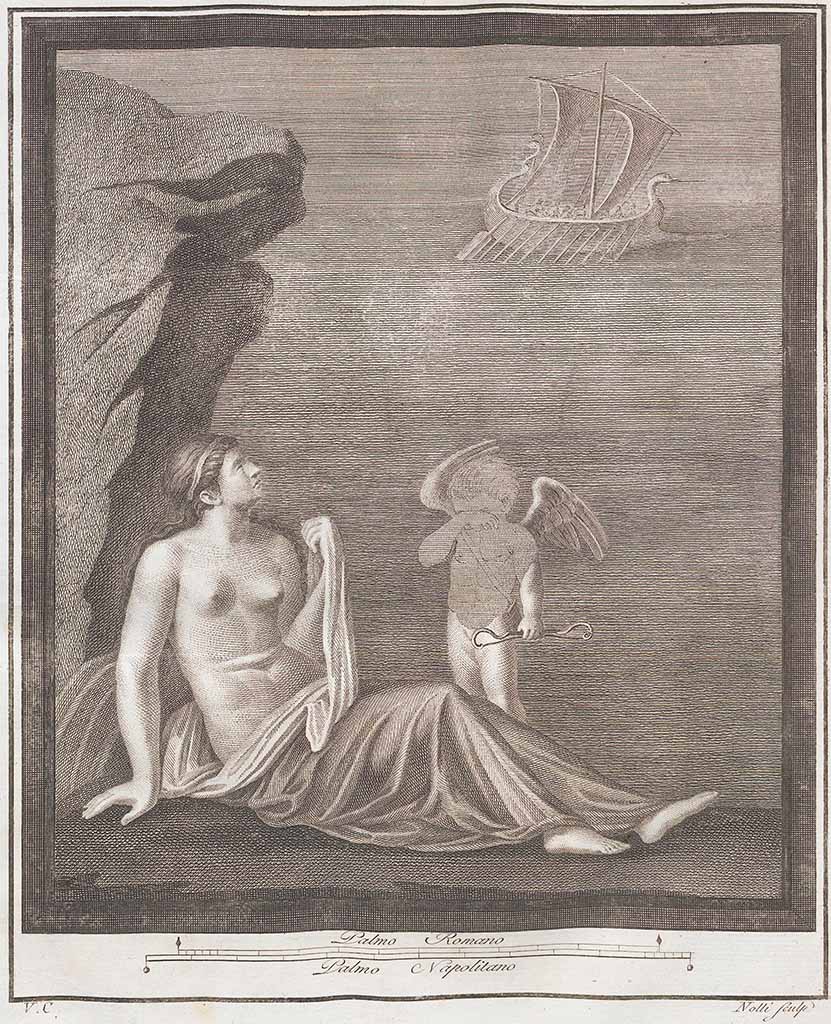 HGW24 Pompeii. Drawing of Arianna abandoned, watching the boat of Theseus sailing some distance away.
See Le antichita di Ercolano esposte Tomo 7, Le Pitture Antiche di Ercolano 5, 1775. (p.115-8, no. 26)
Now in Naples Archaeological Museum. Inventory number 9046.
