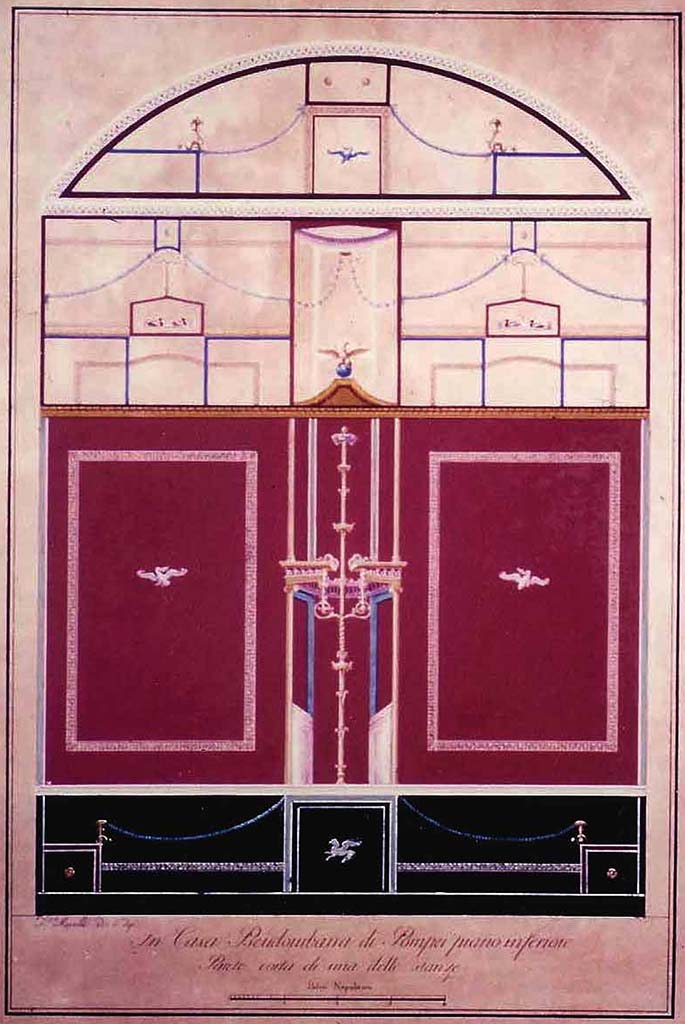 HGW24 Pompeii. Drawing by Francesco Morelli showing east (short) wall of one of the rooms. 
Engraved by Cesarano.
See Gli Ornati delle Pareti ed I Pavimenti delle Stanze dell’Antica Pompei, 1838, (No.44).
(Villa Diomedes Project – area 55). 
(Fontaine, room 5,9).
