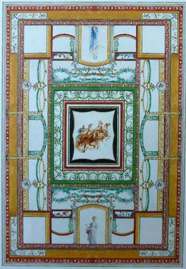 Villa San Marco, Stabiae, September 2015. Portico 2, detail of original ceiling decoration, from Soprintendenza description board in villa.