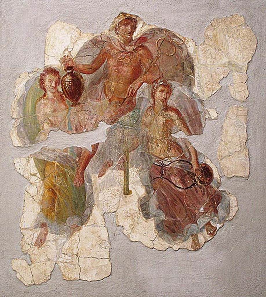 Villa San Marco, Stabiae, 2004. Portico 1, detail of central panel of last section or the ceiling.
Painting of the triumph of Hermes or Mercury.
Stabia Antiquarium, inventory number 62526.
Photo courtesy of Mentnafunangann. See photo on Wikimedia Commons
Use governed by Creative Commons Share Alike licence see CC BY-SA 3.0
