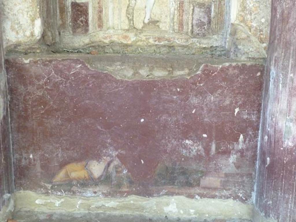 Villa San Marco, Stabiae, September 2015.  Area 65, lower area beneath niche 2 with the stuccoed Neptune, remains of painting of Narcissus and Echo. 