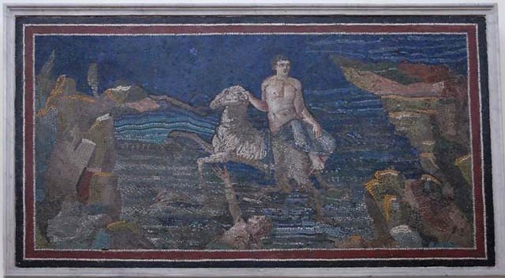 Castellammare di Stabia, Villa San Marco. Discovered 30th April 1752. Area 65, at southern end of peristyle garden. In the central niche on the south-west side was a mosaic representing Phrixus and Elle. Now in the Naples Archaeological Museum, inventory number 10005.