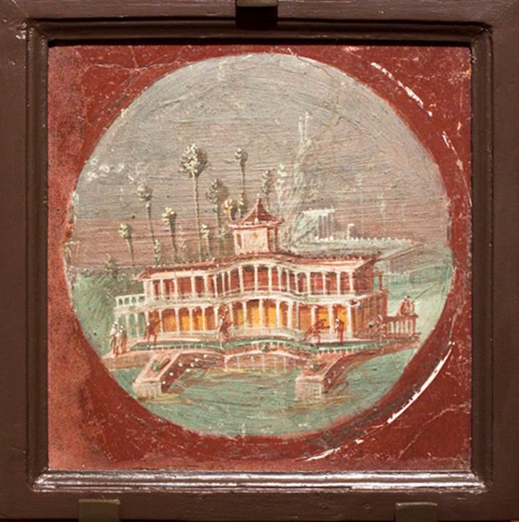Castellammare di Stabia, Villa San Marco. Medallion from room 20, showing a maritime villa. Now in Naples Archaeological Museum. Inventory number 9511.
